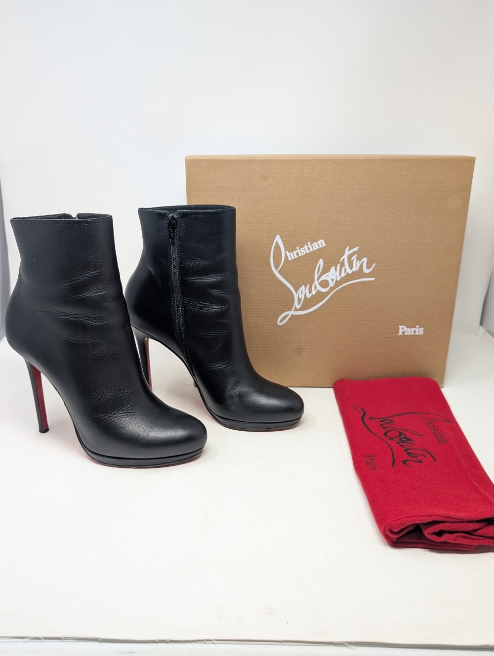 Christian Louboutin Bootylili 120 Black Leather Ankle Boots Stiletto Size 39.5